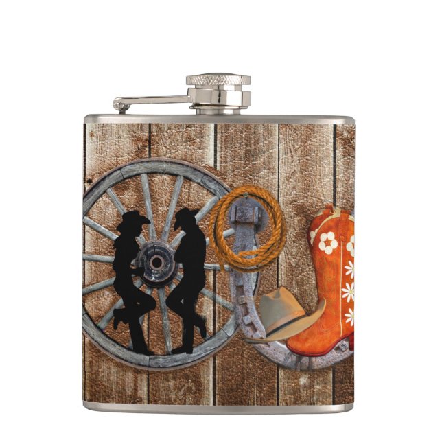 Western Cowboy Cowgirl Horseshoe Wagon Wheel Flask (Front)