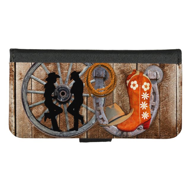 Western Cowboy Cowgirl Horseshoe Wagon Wheel iPhone Wallet Case (Front (Horizontal))