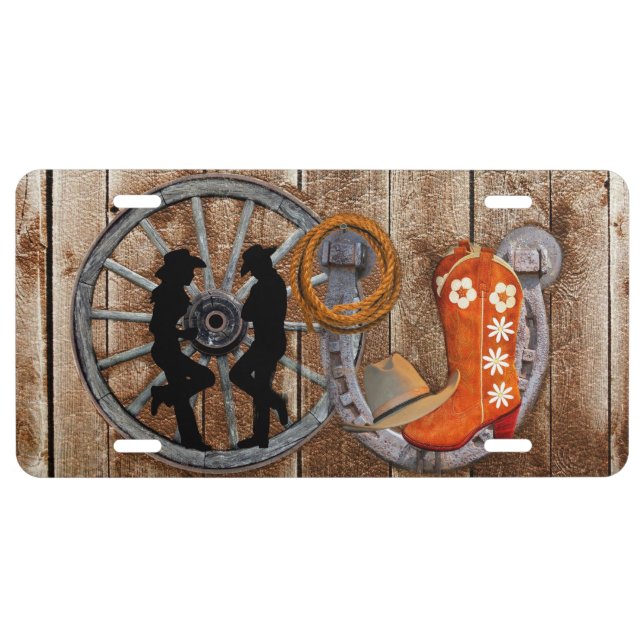 Western Cowboy Cowgirl Horseshoe Wagon Wheel License Plate (Front)