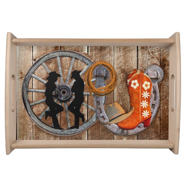 Western Cowboy Cowgirl Horseshoe Wagon Wheel Serving Tray (Front)