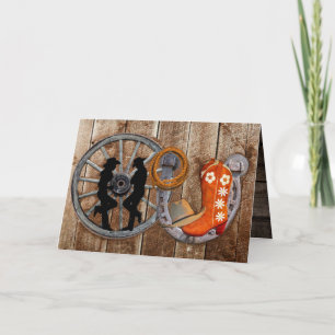 Western Cowboy Cowgirl Horseshoe Wagon Wheel Thank You Card