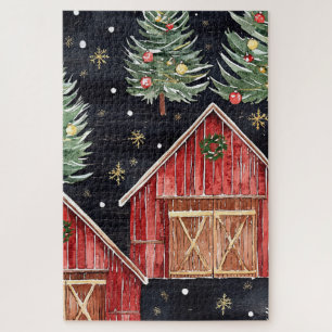 Western Cowboy Cowgirl Red Barn Christmas Jigsaw Puzzle