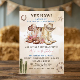 Western Cowboy Cowgirl Sibling Twin Birthday Invitation