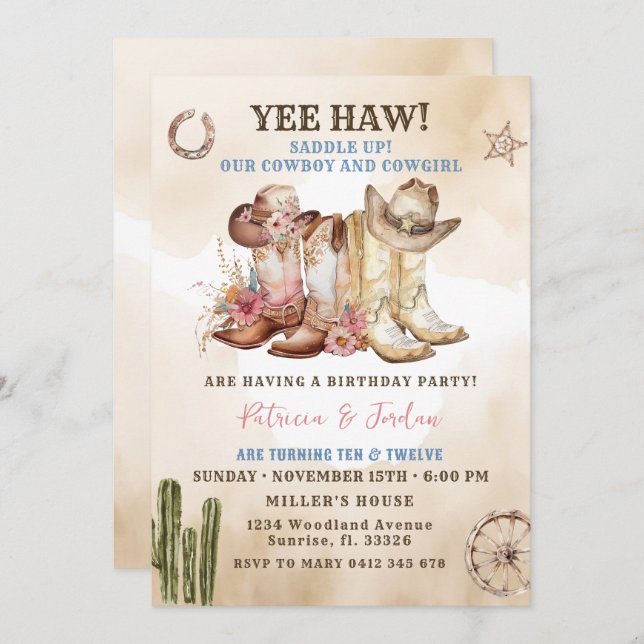 Western Cowboy Cowgirl Sibling Twin Birthday Invitation (Front/Back)