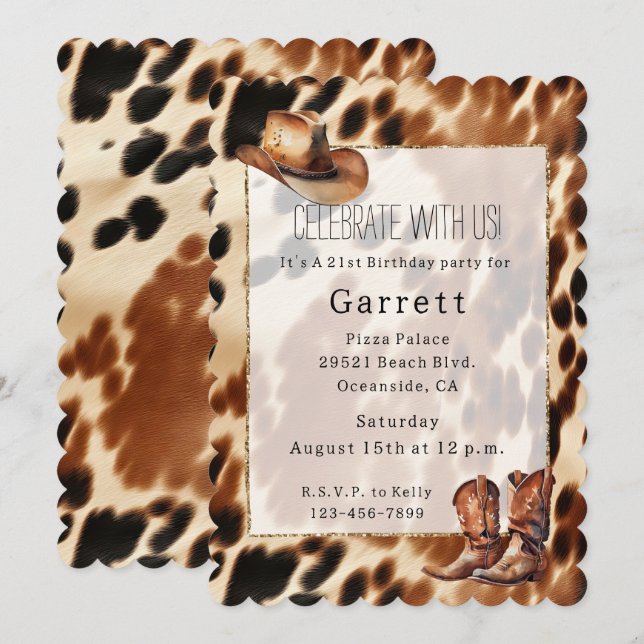 Western Cowboy Cream Brown Black Cowhide Boots Hat Invitation (Front/Back)