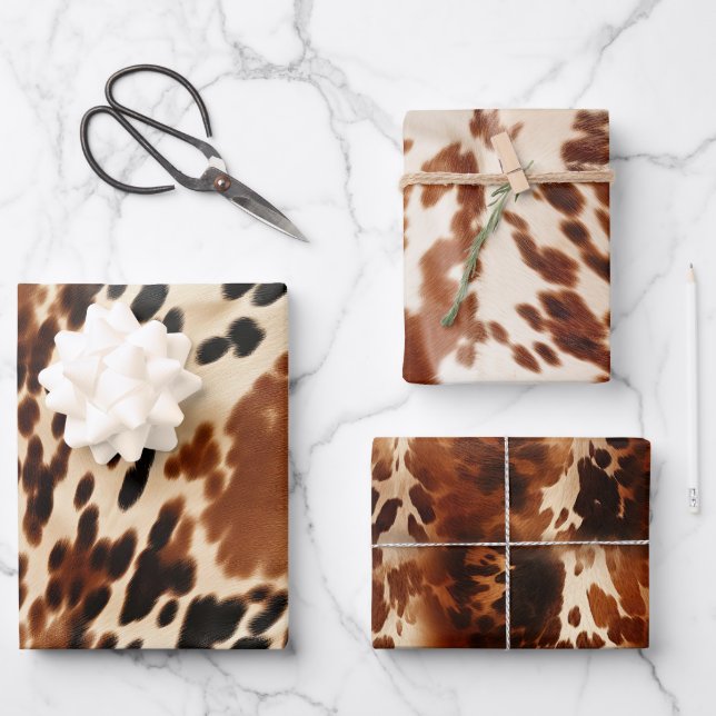 Western Cowboy  Cream Brown Black Cowhide Wrapping Paper Sheets (Front)