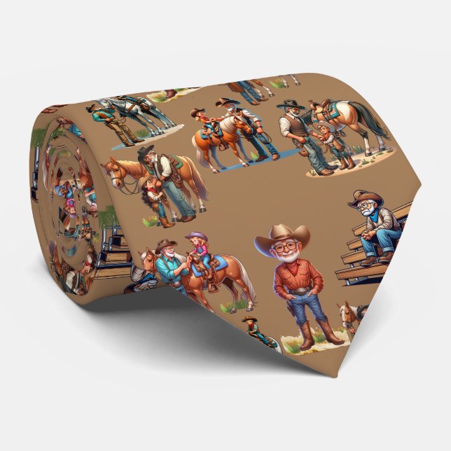 Western Cowboy Dad Grandpa Teaching Kids to Ride Neck Tie (Rolled)