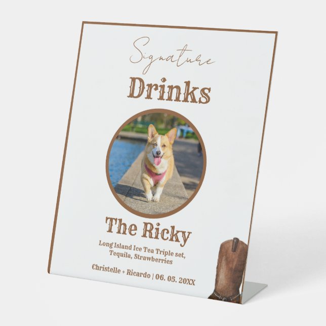 Western Cowboy Dog signature drinks wedding bar  Pedestal Sign (Front)