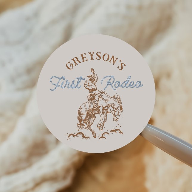 Western Cowboy First Rodeo 1st Birthday Classic Round Sticker (Creator Uploaded)