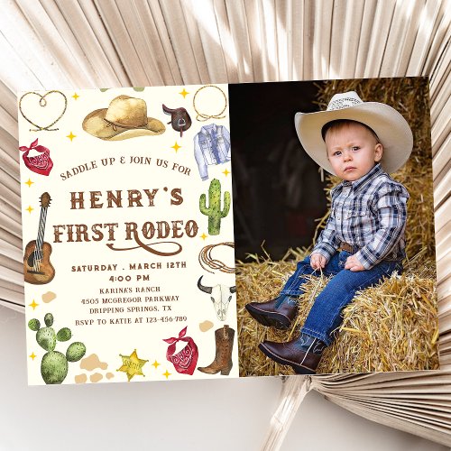 Western Cowboy First Rodeo 1st Birthday Photo Invitation