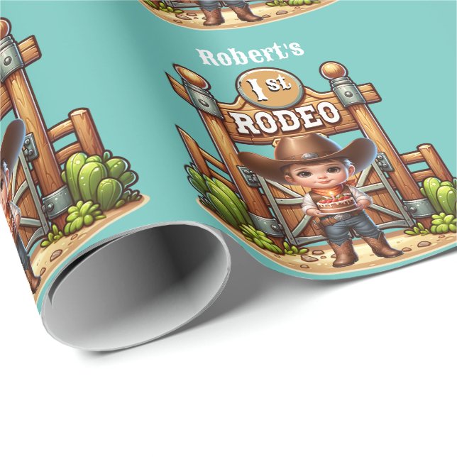 Western Cowboy First Rodeo Birthday Custom Wrapping Paper (Roll Corner)