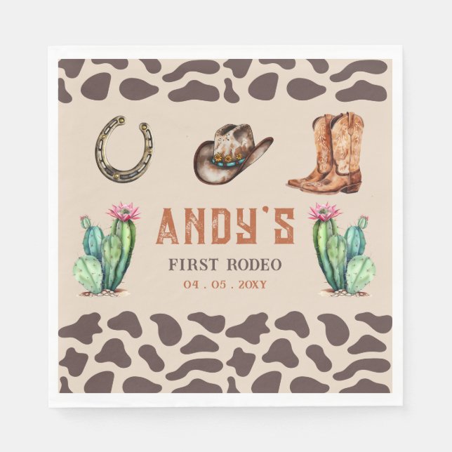 Western Cowboy First Rodeo Boys Birthday Napkins (Front)