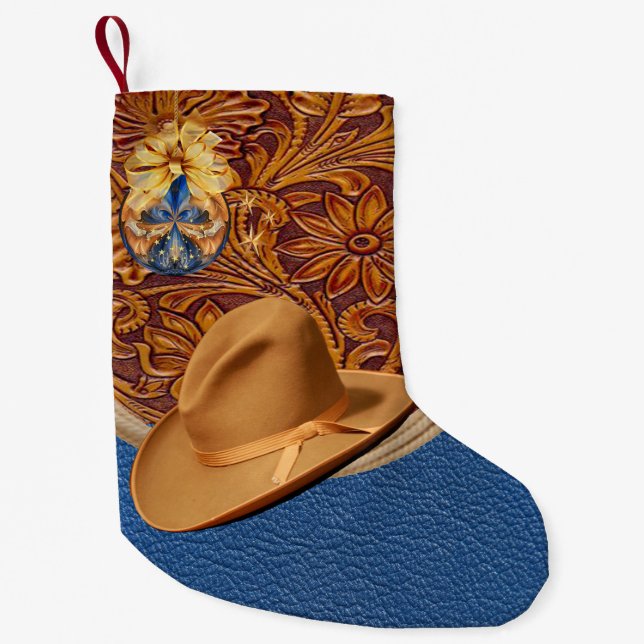 Western Cowboy Hat and Rope Faux  Leather Small Christmas Stocking (Front)