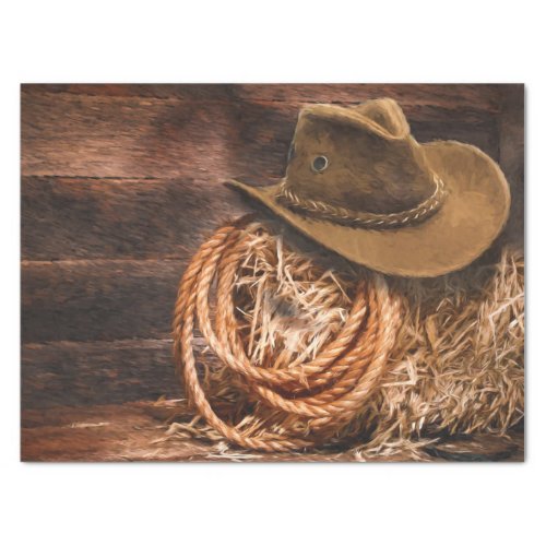 Western Cowboy Hat Barn Hay 20x15 Decoupage Tissue Paper