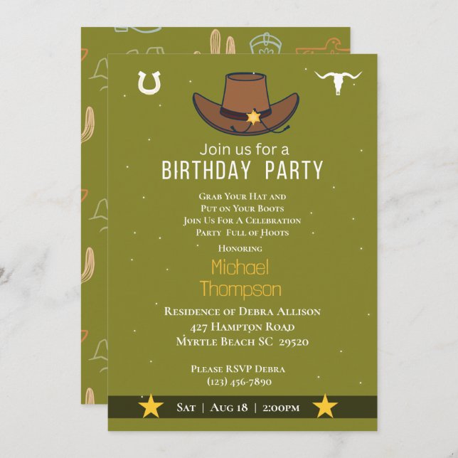  Western Cowboy Hat Birthday Invitation (Front/Back)