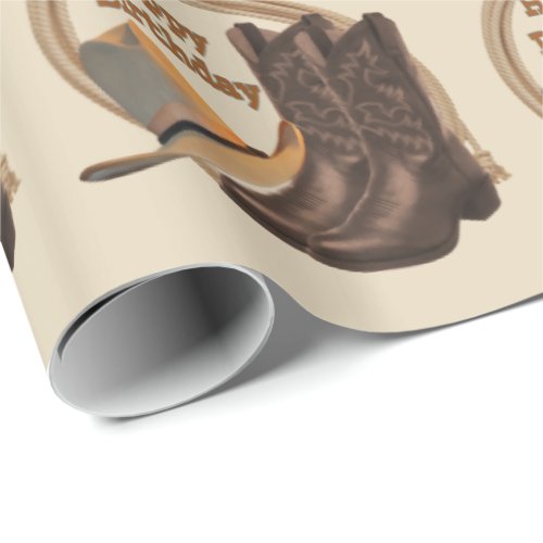 Western Cowboy Hat Boots And Rope Happy Birthday Wrapping Paper