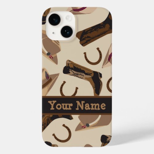 Western Cowboy Hat Boots Beige Name Personalize Case_Mate iPhone 14 Case