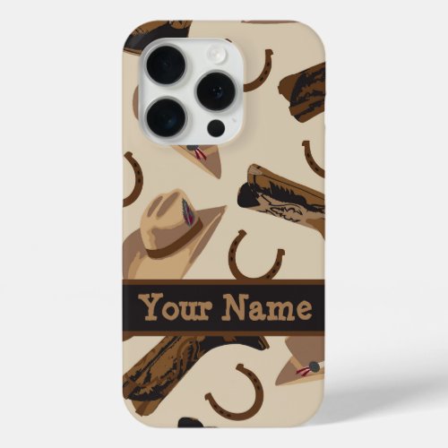 Western Cowboy Hat Boots Beige Name Personalize iPhone 15 Pro Case