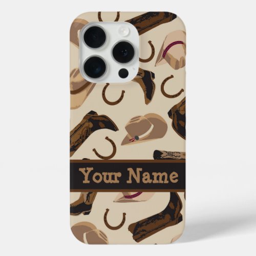 Western Cowboy Hat Boots Beige Name Personalize iPhone 15 Pro Case