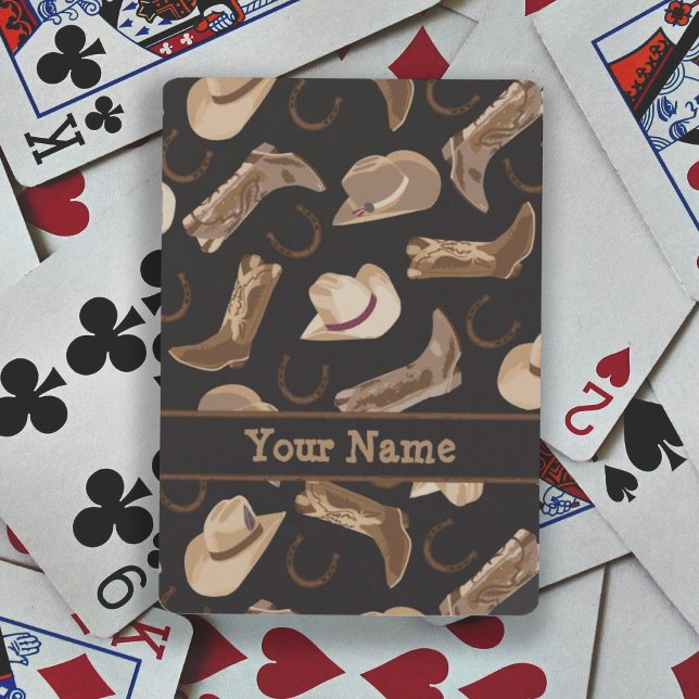 Western Cowboy Hat Boots Black Brown Name Poker Cards (Deck of playing cards features cowboy cowgirl western boots and hat on black with personalized name)
