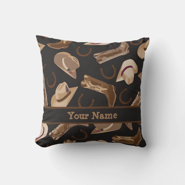 Western Cowboy Hat Boots Black Brown Name Throw Pillow (Front)