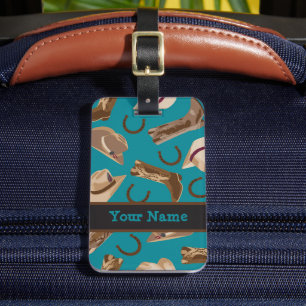 Western Cowboy Hat Boots Turquoise Blue Teal Name Luggage Tag