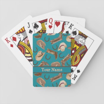 Western Cowboy Hat Boots Turquoise Teal Name Playing Cards by phyllisdobbs at Zazzle