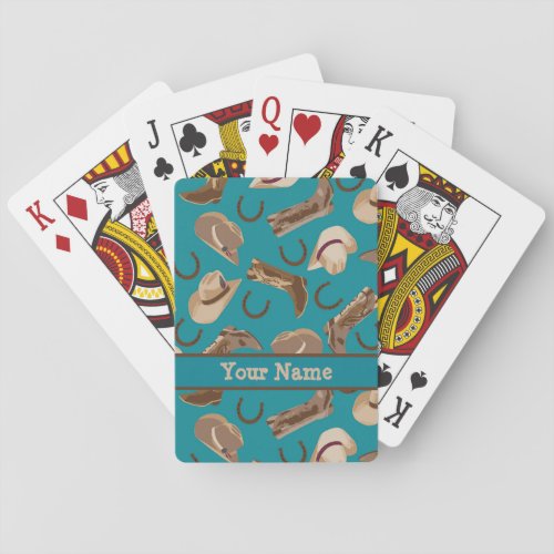 Western Cowboy Hat Boots Turquoise Teal Name Playing Cards