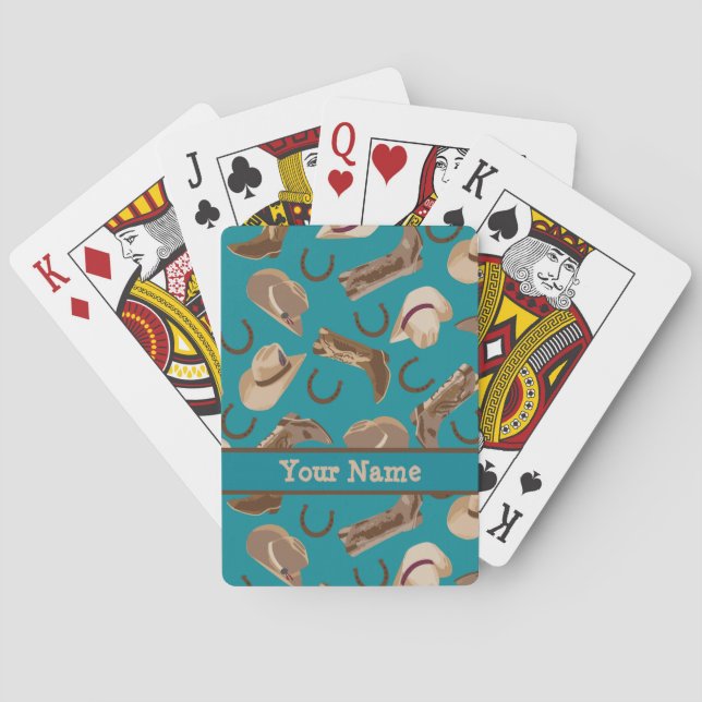 Western Cowboy Hat Boots Turquoise Teal Name Poker Cards (Back)
