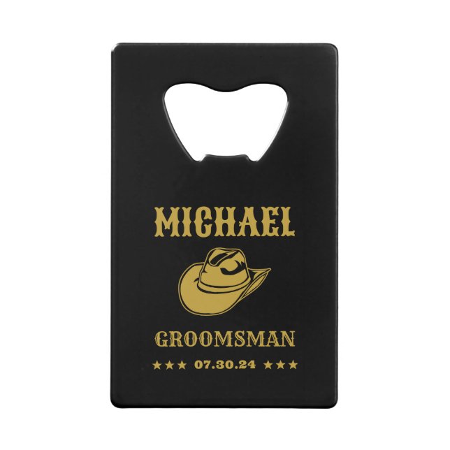 Western Cowboy Hat Classic Personalized Groomsmen Credit Card Bottle Opener (Front)