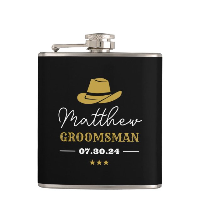 Western Cowboy Hat Classic Personalized Groomsmen Flask (Front)