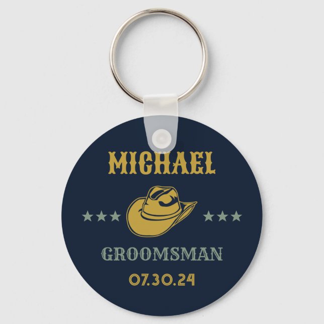 Western Cowboy Hat Elegant Personalized Groomsmen Keychain (Front)