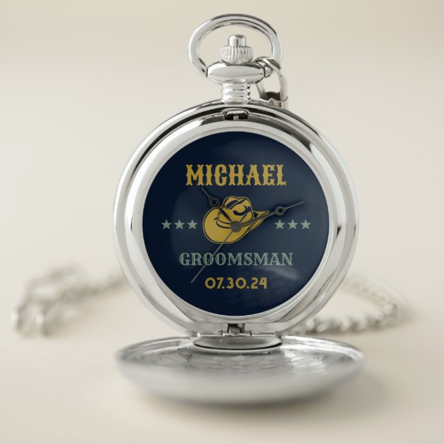 Western Cowboy Hat Elegant Personalized Groomsmen Pocket Watch (Inside)