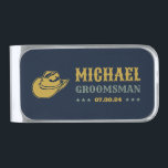 Western Cowboy Hat Elegant Personalized Groomsmen Silver Finish Money Clip<br><div class="desc">Personalized gifts for groomsmen with western cowboy theme. Decorated with cowboy hat with vintage western font. Text and background color are editable using the Design Tool to fit your occasion. Get this customize gift for wedding,  bachelor party,  engagement party or any other special occasions.</div>