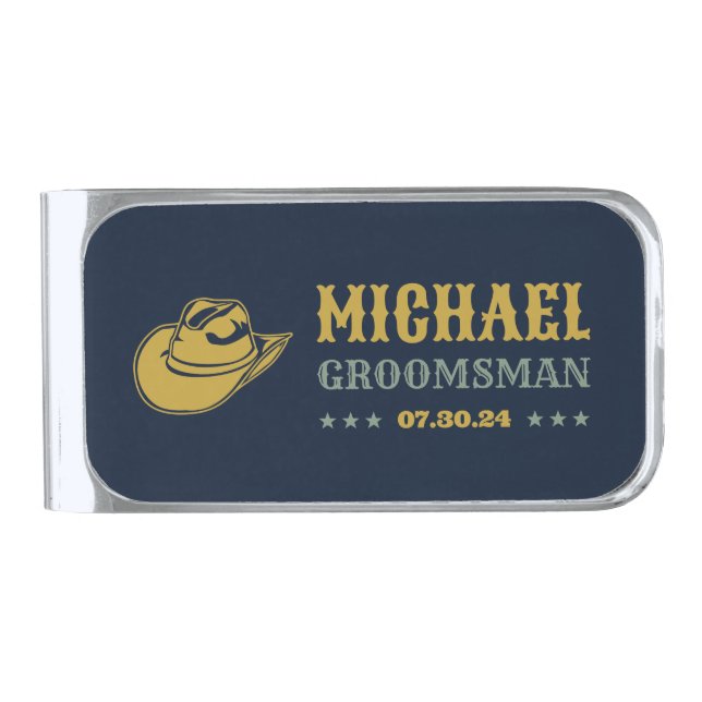 Western Cowboy Hat Elegant Personalized Groomsmen Silver Finish Money Clip (Front)