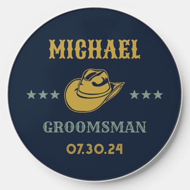 Western Cowboy Hat Elegant Personalized Groomsmen Wireless Charger (Front)