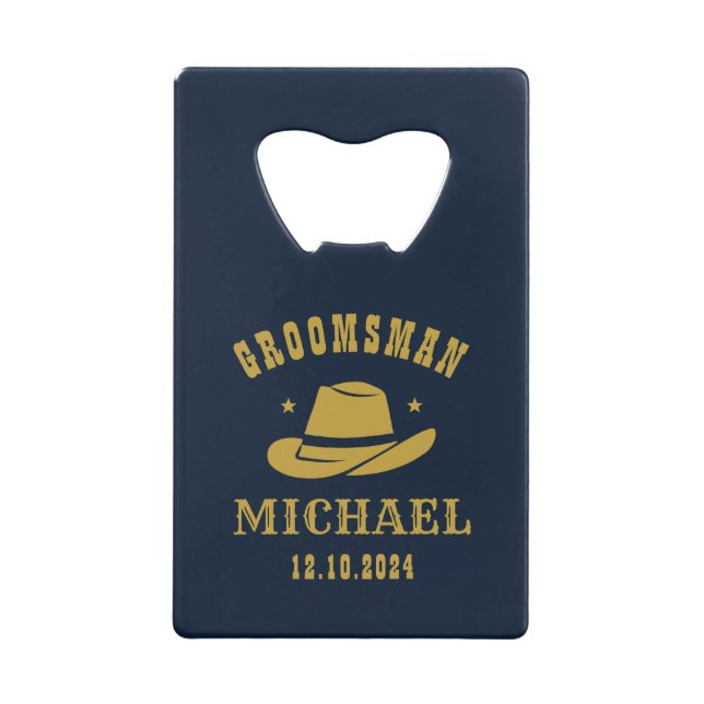 Western Cowboy Hat Groomsmen Personalized Name Credit Card Bottle Opener (Front)
