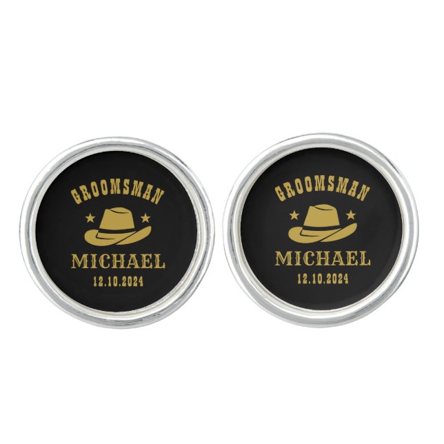 Western Cowboy Hat Groomsmen Personalized Name Cufflinks (Front)