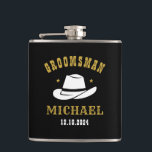 Western Cowboy Hat Groomsmen Personalized Name Flask<br><div class="desc">Personalized gifts for groomsmen with western cowboy theme. Decorated with cowboy hat with vintage western font. Text and color are editable using the Design Tool to fit your occasion. Get this customize gift for wedding,  bachelor party,  engagement party or any other special occasions.</div>