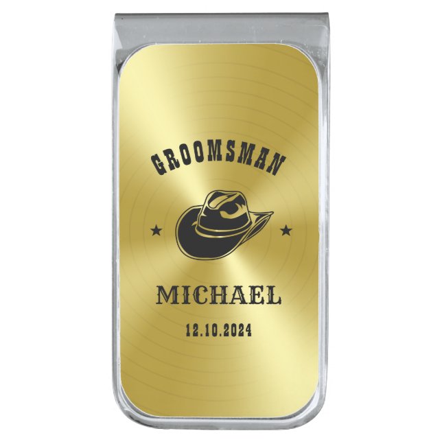 Western Cowboy Hat Groomsmen Personalized Name Silver Finish Money Clip (Front Vertical)