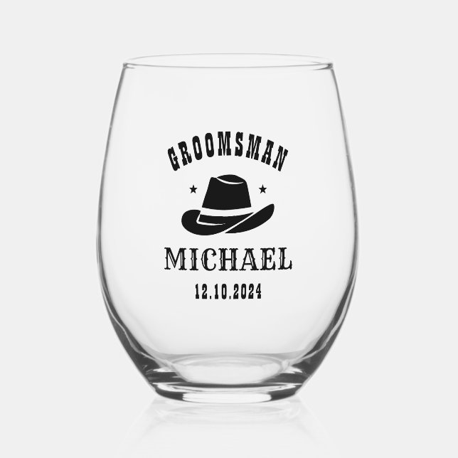 Western Cowboy Hat Groomsmen Personalized Name Stemless Wine Glass (Front)
