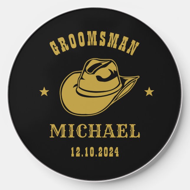 Western Cowboy Hat Groomsmen Personalized Name Wireless Charger (Front)
