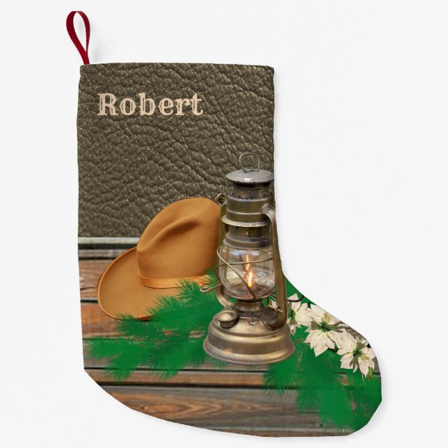 Western Cowboy Hat Lantern Faux Wood Leather Print Small Christmas Stocking (Front)