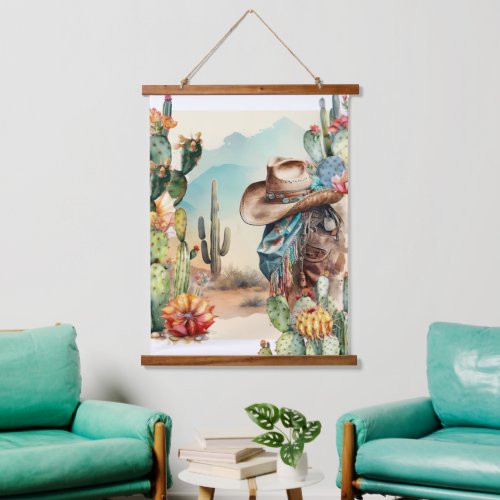 Western cowboy hat scarf watercolor desert cactus hanging tapestry