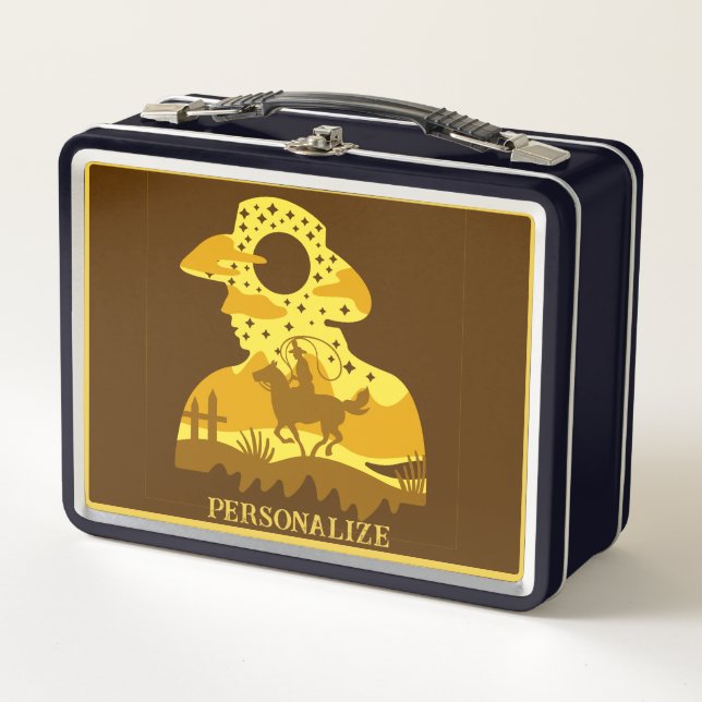 Western Cowboy Horse Lasso Wild West Personalized Metal Lunch Box (Front)