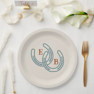 Western Cowboy Horseshoe Monogram Teal Rust Party Paper Plates