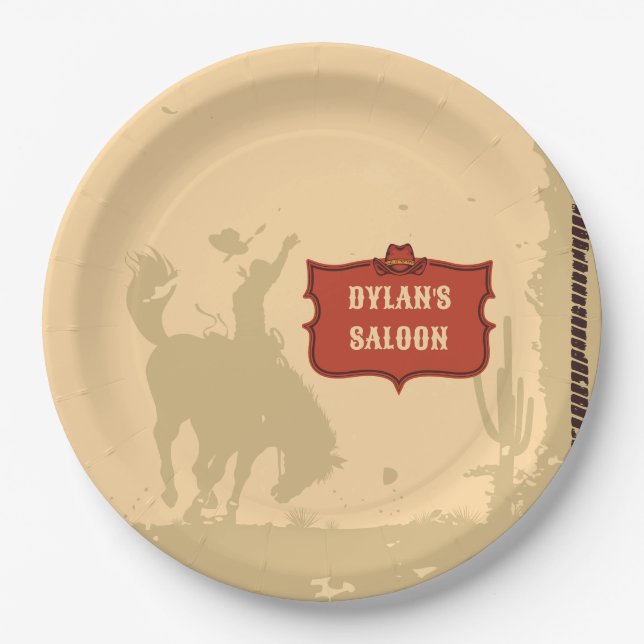 Western Cowboy Monogram Rustic Name Saloon Paper Plates (Front)