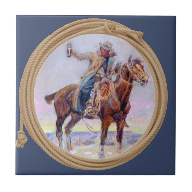 Western Cowboy On Horse And  Holding A Drink Ceramic Tile (Front)