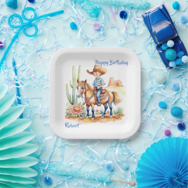 Western Cowboy on Horse Personalized Birthday Paper Plates (Party)