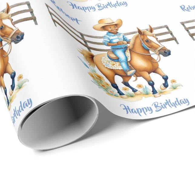 Western Cowboy on Horse Personalized Birthday Wrapping Paper (Roll Corner)